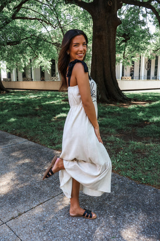 Pretty with a punch • oatmeal midi dress
