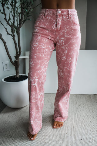 Melody • straight fit • pink floral risen denim