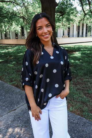 Worth the attention • black silk polka dot top