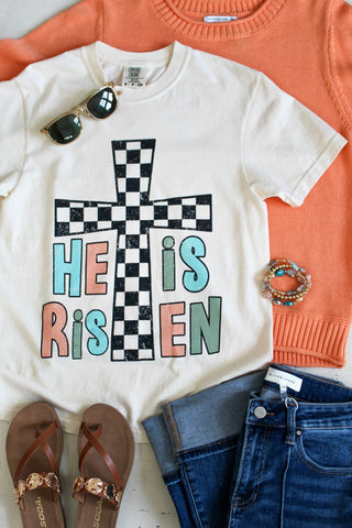 He Is Risen Checkered Cross Graphic Tee • Cream
