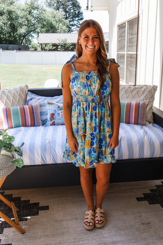 Daisy Darling Ruffle Dress • Blue Floral