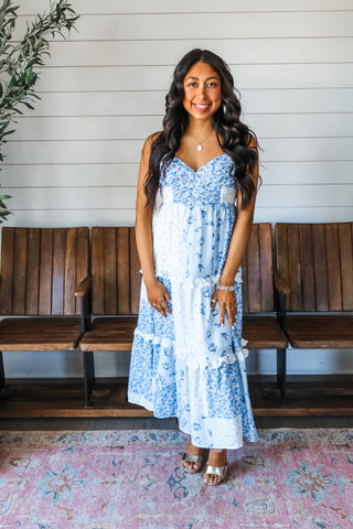 Feminine Frills Ruffle Midi • Blue Floral