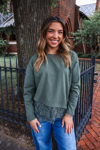 Elegant Edge Lace Hem Pullover • Moss