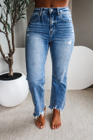Skye Distressed Hem Straight • Medium Wash
