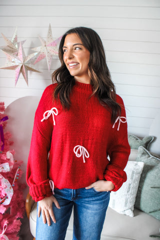Peppermint Kisses Bow Sweater • Red - FINAL SALE