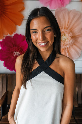 Chic Contrast Halter Linen Midi • Natural