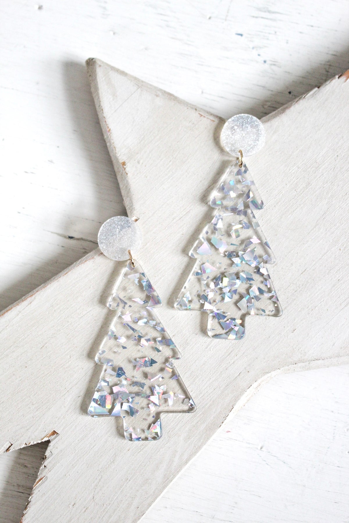 O Christmas Tree Acrylic Earrings • Clear Frost