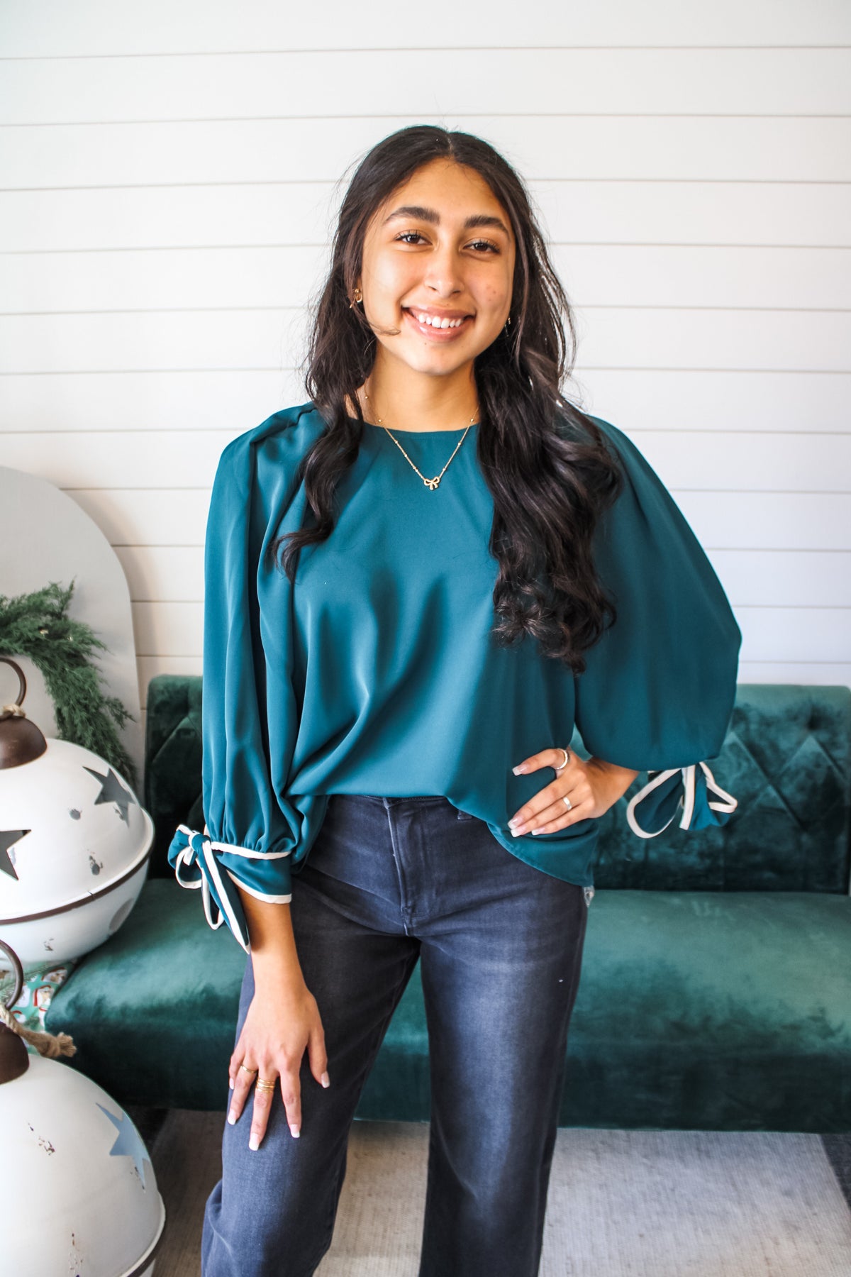 Unwritten Story Bow Sleeve Top • Hunter Green