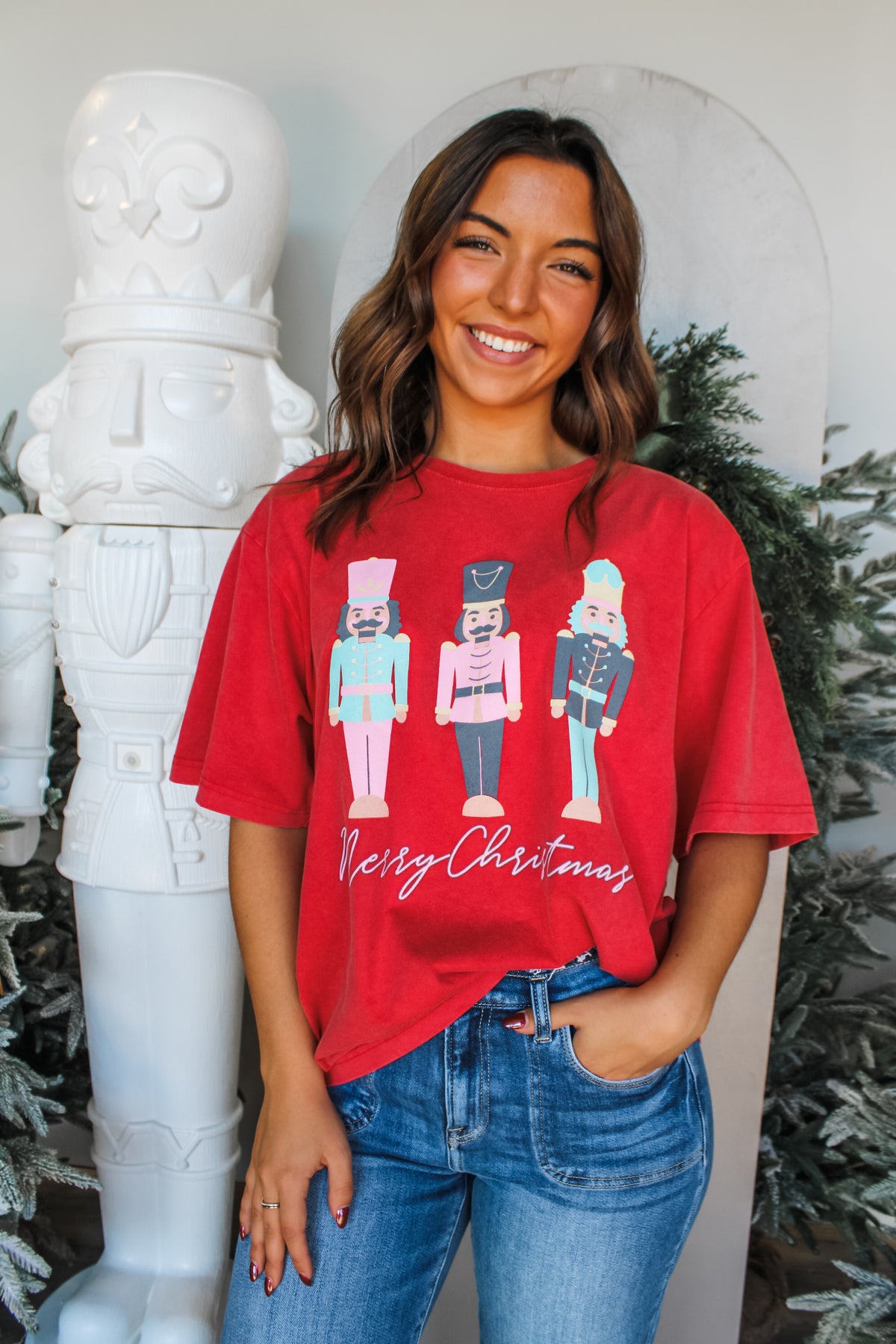 Merry Nutcracker Christmas Graphic Tee • Faded Red