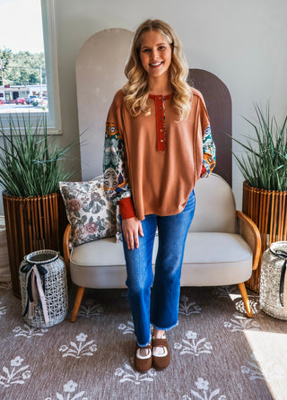 Fall Frenzy 15 • Printed Sleeve Henley Top - FINAL SALE