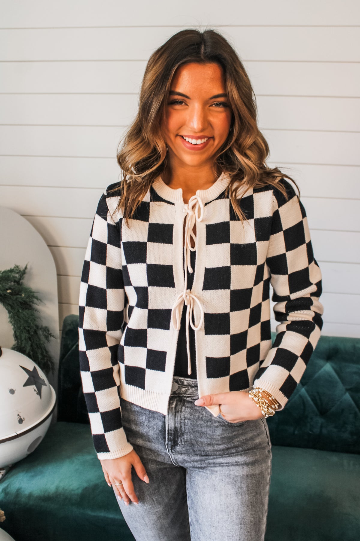 Trendsetter Checkered Tie Front Cardigan • Black