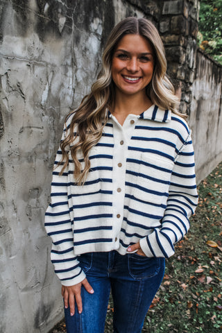 Christmas Past Cardigan Sweater • Navy Stripe