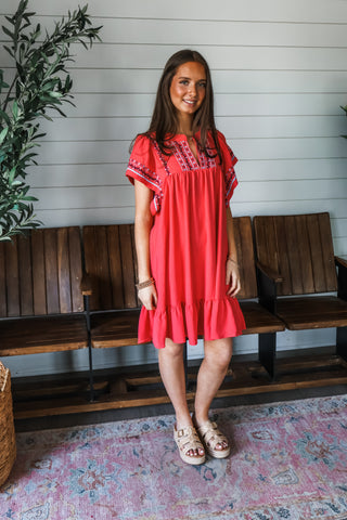 Island Sunsets Embroidered Dress • Coral