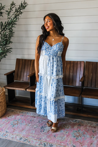Feminine Frills Ruffle Midi • Blue Floral