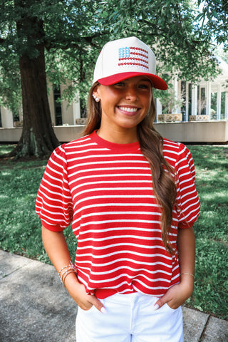 Stars & Stripes Floral Trucker Hat • Red