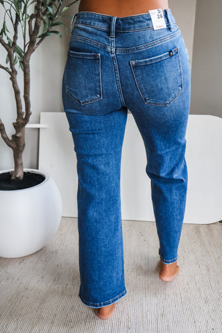 Elani • frayed hem straight • dark wash denim