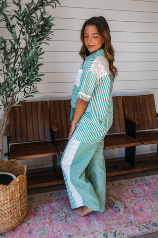 Lines & Lace Panel Pants • Green Stripe