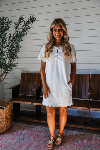 Prim & Pretty Scallop Shift Dress • White - FINAL SALE