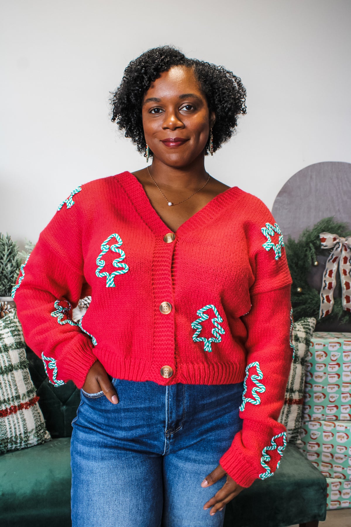 Christmas Tree Cutie Cardigan • Red - PLUS