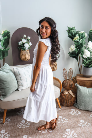 Smocked & Sweet Ruffle Midi • White