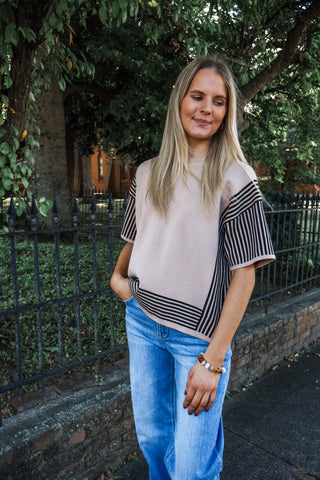 Fine Line Stripe Sweater • Tan/Black | Online Exclusive