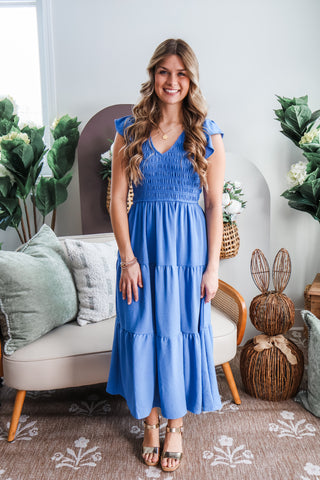 Smocked & Sweet Ruffle Midi • Blue