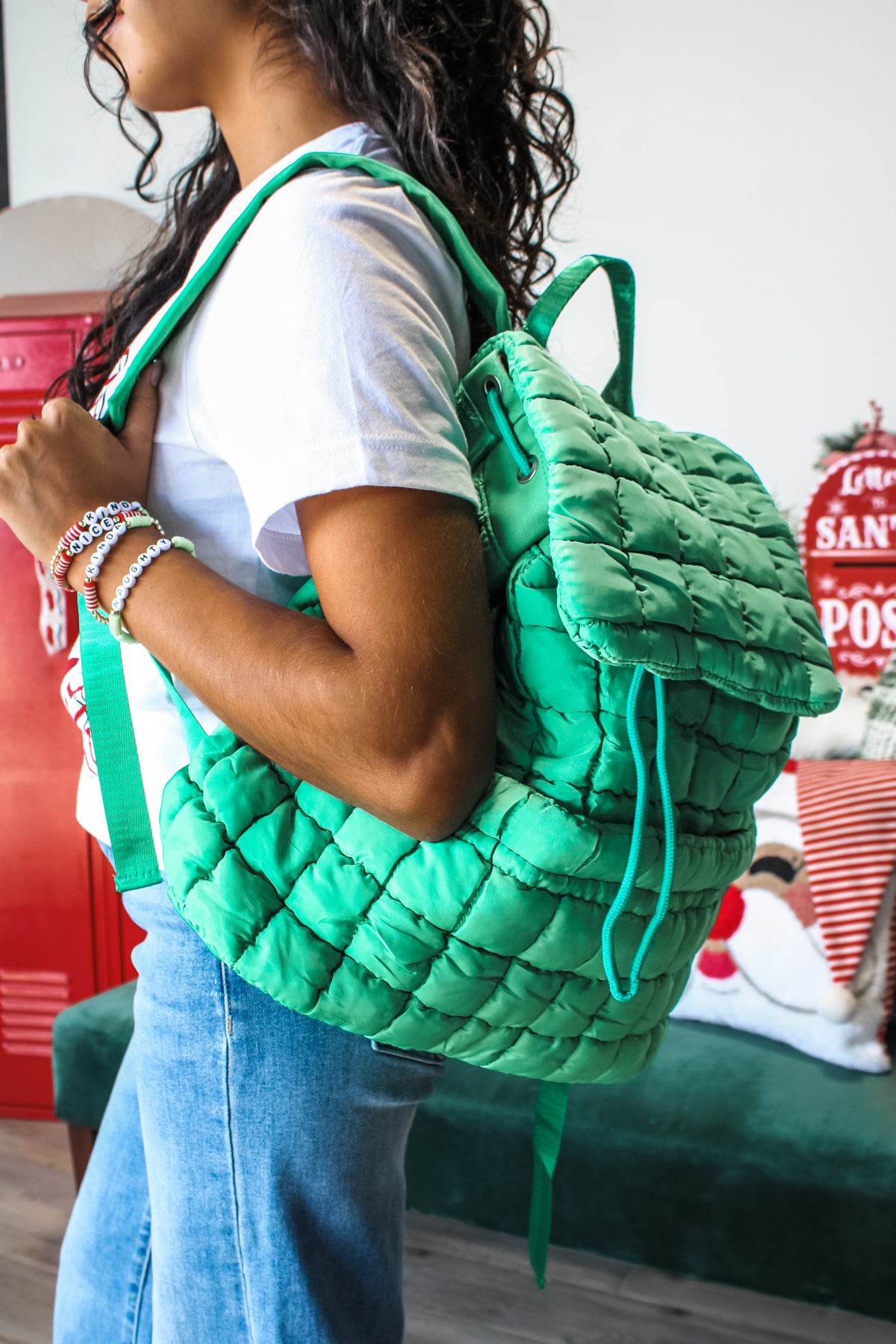 Peace & Joy Quilted Puffer Backpack • Green