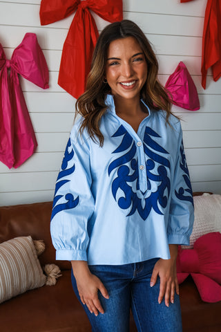 Ivy Embroidered Poplin Top • Light Blue