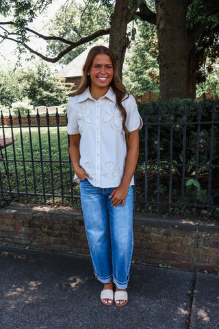 Lily Embroidered Linen Top • Oatmeal