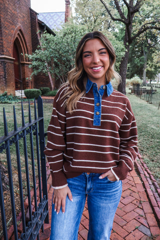 Striped Study Polo Sweater • Chocolate