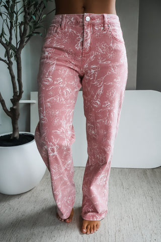 Melody • straight fit • pink floral risen denim