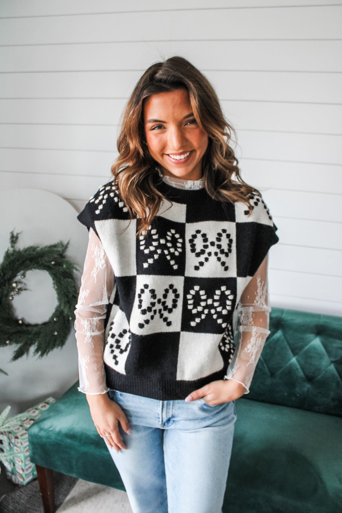 Happiest Season Bow Check Sweater • Black/White