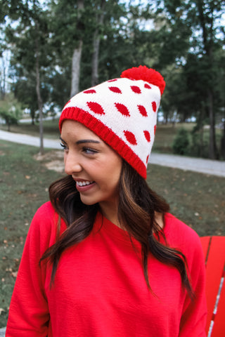 Fresh Fallen Snow Pom Beanie • Red Mix