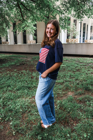 Patriotic Note Patchwork Top • Navy