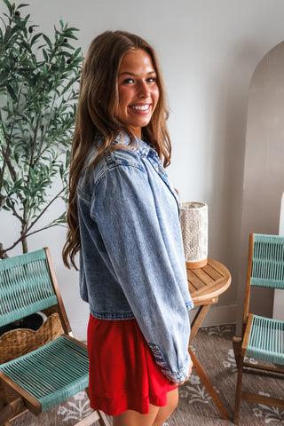 Demi Cropped Denim Shirt • Medium Wash