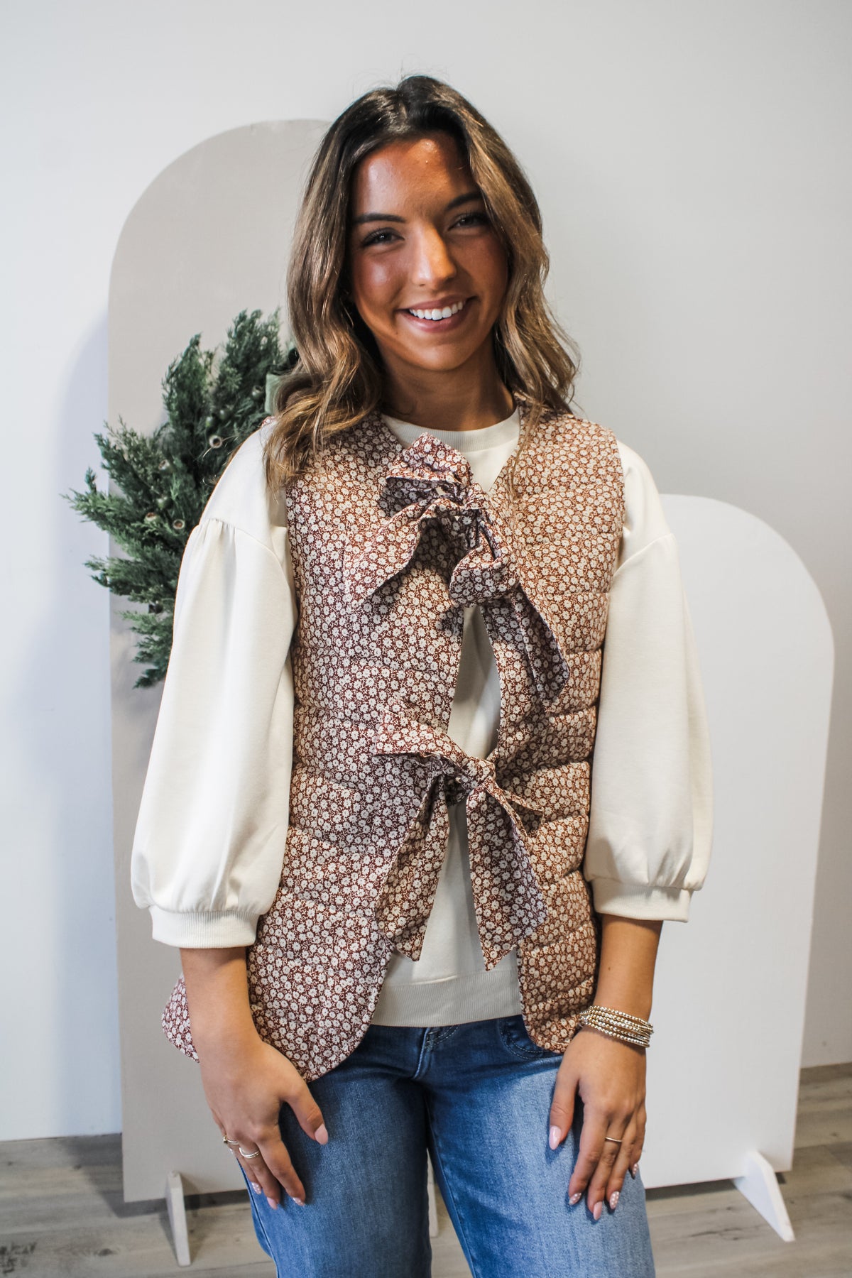 Grace Quilted Ribbon Tie Vest • Brick Floral