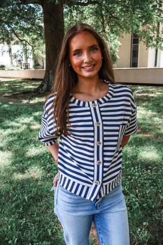 Match Point Cardigan Top • Navy Stripe