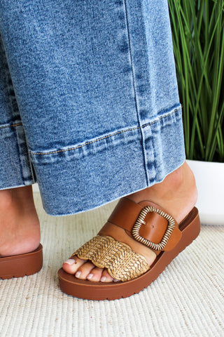 Aster Raffia Buckle Strap Sandal • Cognac