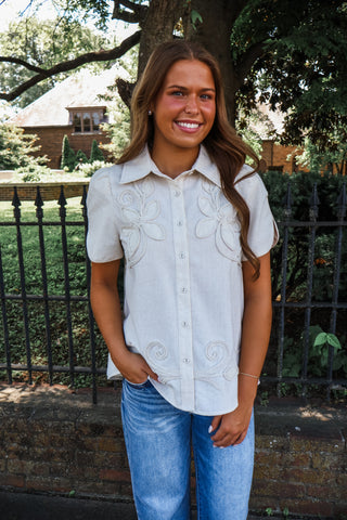 Lily Embroidered Linen Top • Oatmeal