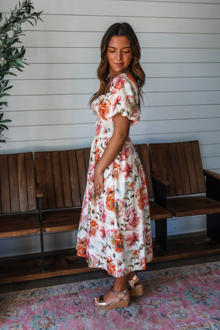 Rose Garden smocked midi dress • cream floral