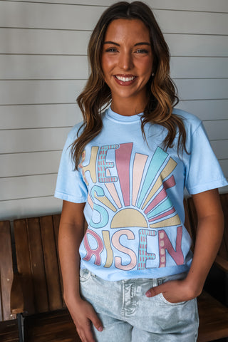 He Is Risen Sunrise Graphic Tee • Light Blue