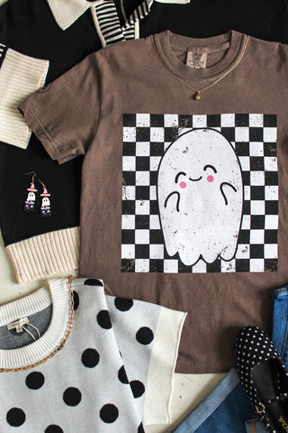 Friendly Ghost Checkerboard Graphic Tee • Mocha