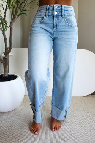 Paige Double Waistband Barrel • Light Wash