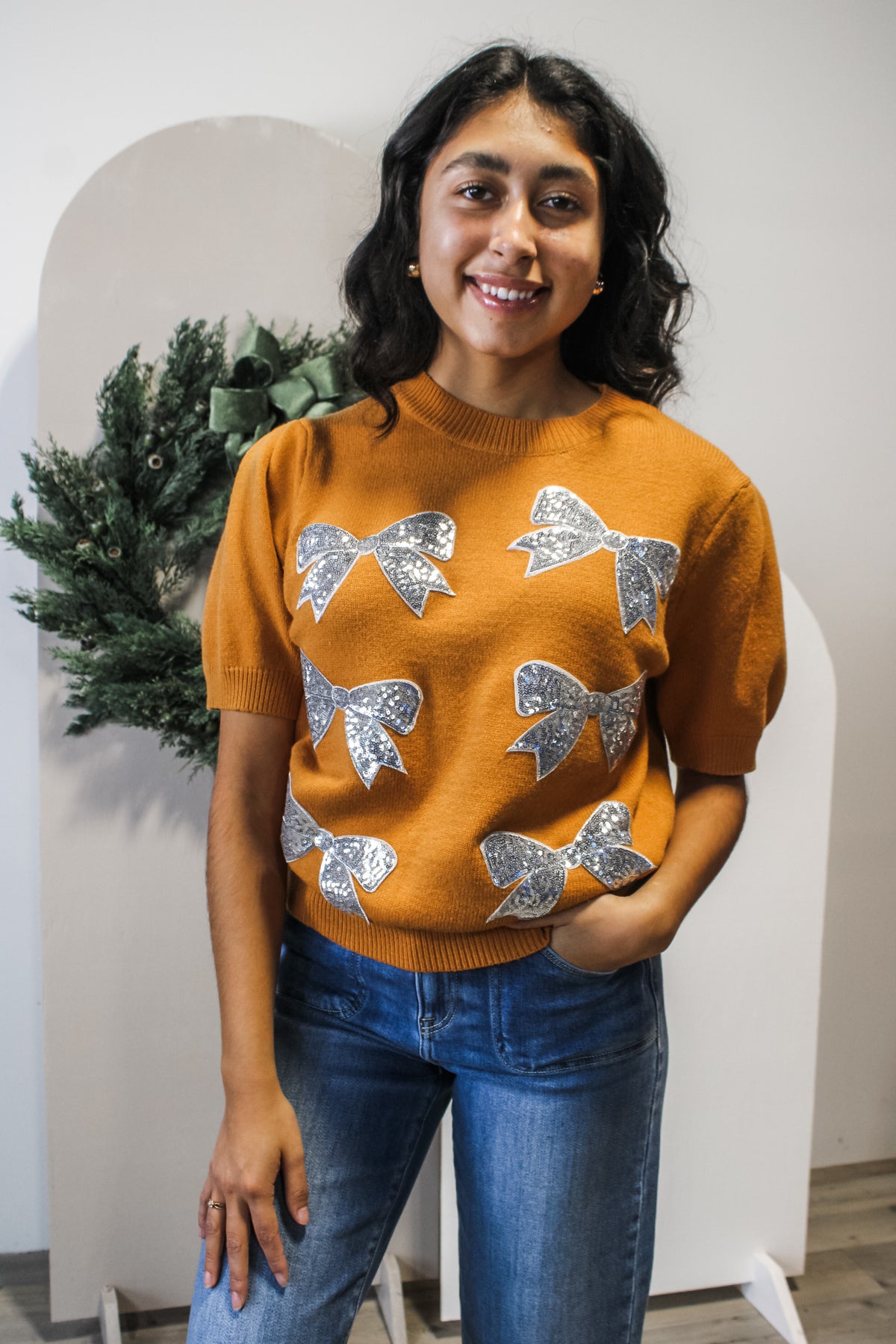 Silver Bells Sequin Bow Sweater • Marigold