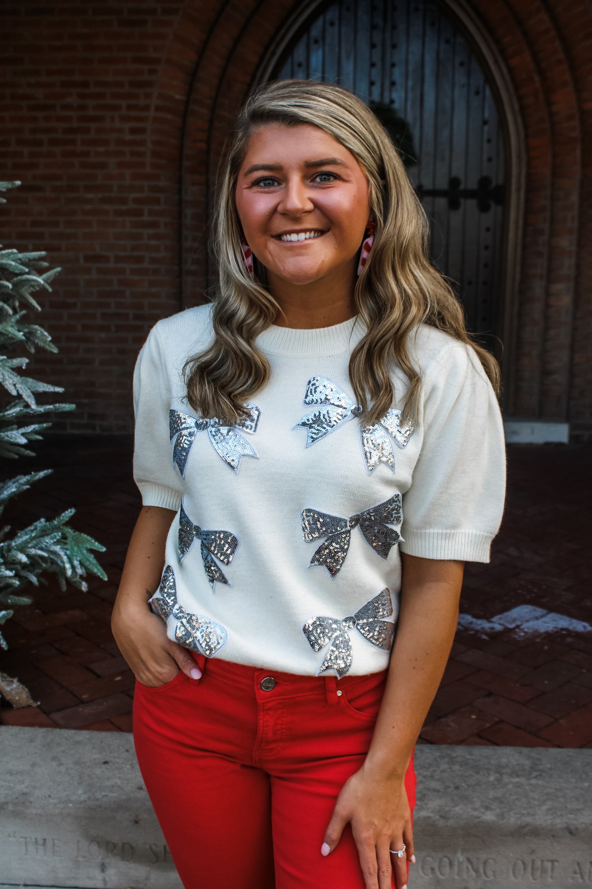 Silver Bells Sequin Bow Sweater • Cream