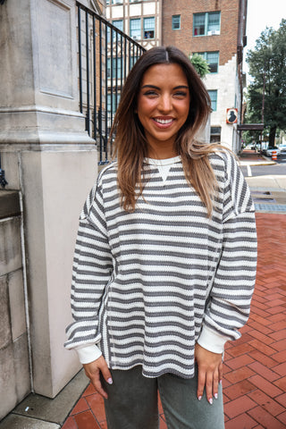 The Slouchy Stripe Pullover • Grey