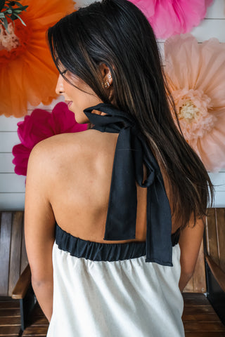 Chic Contrast Halter Linen Midi • Natural