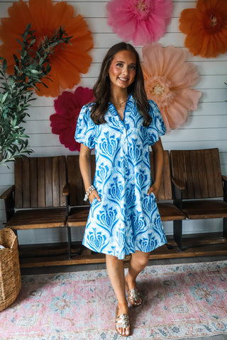 Santorini Scene Pocket Dress • Blue