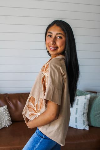 Autumn Hours Embroidered Top • Tan - FINAL SALE