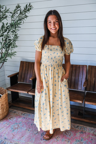 Rosy Radiance Maxi Dress • Butter Yellow